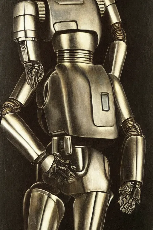 Prompt: a pre raphaelite painting of robocop by dante gabriel rossett