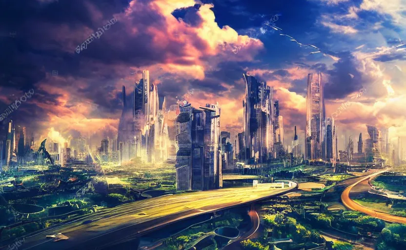Prompt: vista of futuristic city, harmony of technology and nature, dramatic afternoon sky, peaceful