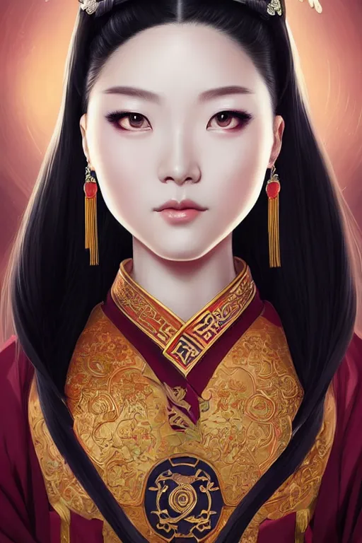 Image similar to a lovely and shiny young empress of qing dynasty, face by artgerm, ross tran, fuji choko, loish, 8 k resolution, attractive, symmetrical portrait, beautifully detailed landscape of ruin, trending on pixiv and pinterest, charming black eyes, luxury, perfect face, smooth, dreamlike