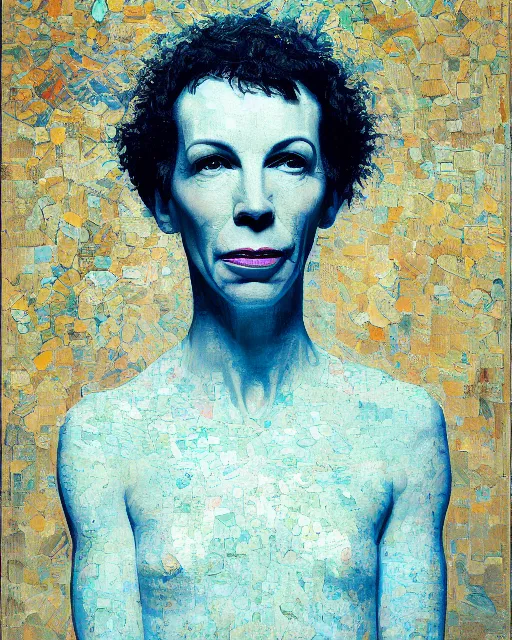 Image similar to portrait, annie lennox, impasto, Jean-Leon Gerome, chuck close:7, carl spitzweg:7, cinematic light, full face, symmetrical face, blue background