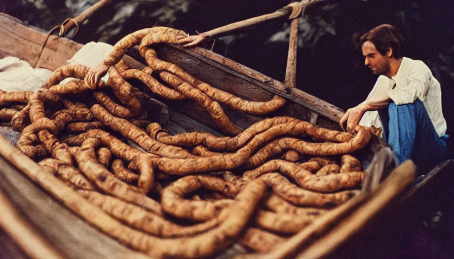 Prompt: 1 9 7 0 s movie still of a man in a barque in a intestine, cinestill 8 0 0 t