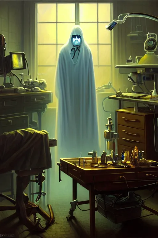 Prompt: classic oil painting, an ominous ghost standing over an operating table, as a dnd character, inside a cluttered surgical room at a hospital, cottagecore, highly detailed, digital illustration, concept art, doctor tools, fog, smooth, sharp focus, art by tim hildebrandt, and greg hildebrandt