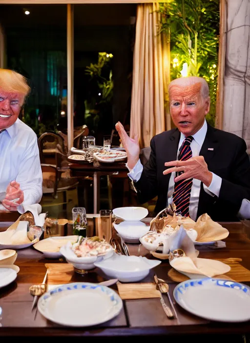 Image similar to Trump and Biden having dinner at a fancy Balinese restaurant, award winning photography, sigma 85mm Lens F/1.4, blurred background, perfect faces