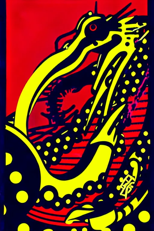 Image similar to 🐊 ❤🔥 🌞 👽 futuristic japanese cyberpunk by roy lichtenstein, by andy warhol, ben - day dots, pop art, bladerunner, pixiv contest winner, cyberpunk style, cyberpunk color scheme, mechanical, high resolution, hd, intricate detail, fine detail, 8 k