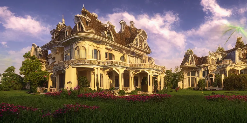 Prompt: art nouveau style mansion, summer clouds, dawn, flowerbeds, vines, god rays, realistic, filmic lighting, volumetric, featured on artstation,