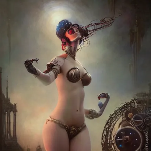 Prompt: by tom bagshaw, ultra realist vivid soft painting of a carnival of curiosities, single curvy flirt etheral young steampunk female with magnificent eyes in a full ornated armor, gears, cables, led, flying machinery, partial symmetry accurate features, very intricate details, focus, award winning, ultra dense fog