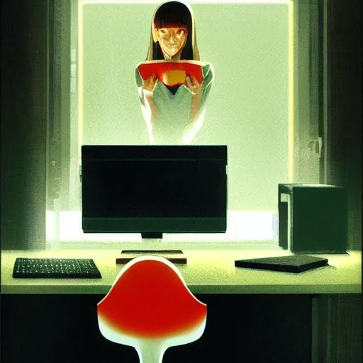 Prompt: hacker girl sits at an apple ] [ e computer in the 1 9 8 0 s, realistic shaded lighting poster by ilya kuvshinov katsuhiro otomo, magali villeneuve, artgerm, jeremy lipkin and michael garmash and rob rey