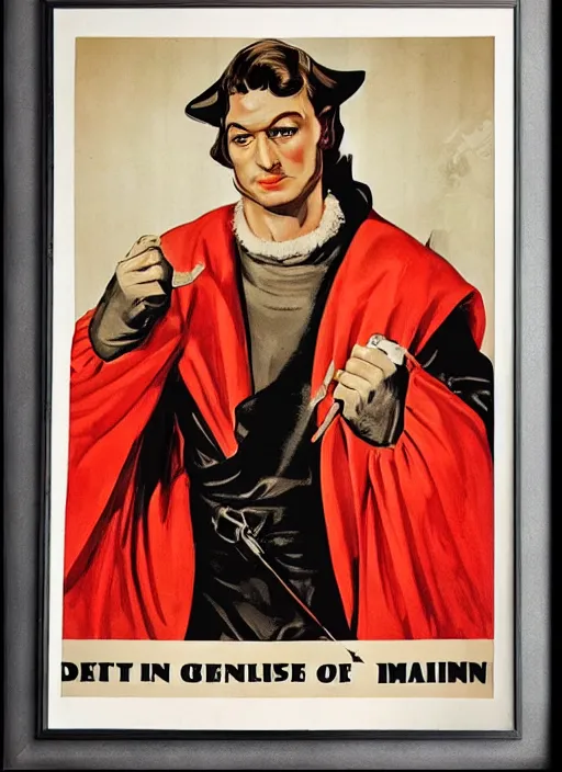 Image similar to portrait of glamorous medieval man with annoyed gesture, 1940s propaganda poster, full hd,highly detailed