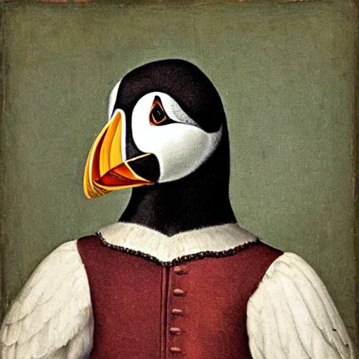 Prompt: “A renaissance style portrait of a puffin in military uniform”