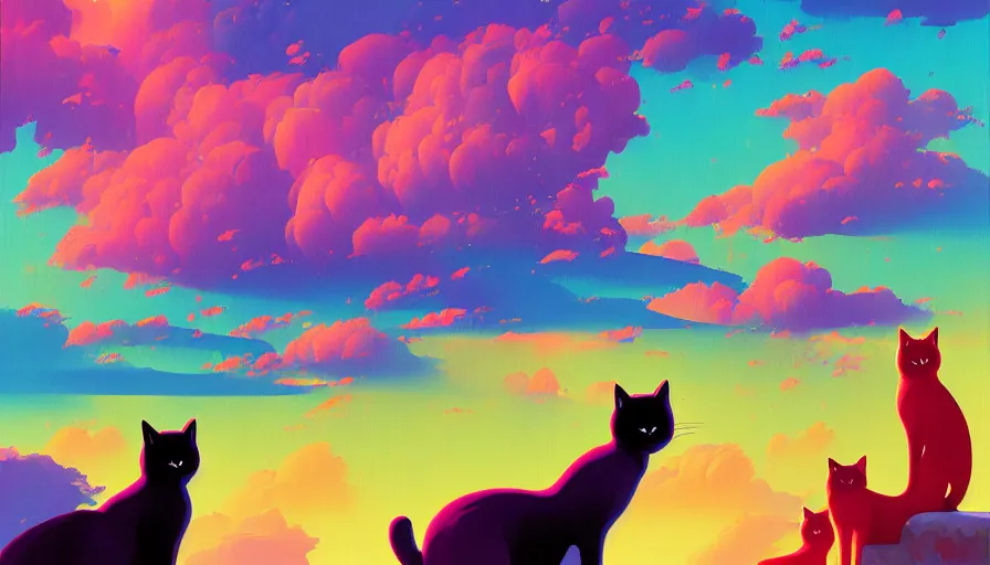 Prompt: contemporary semi abstract acrylic painting of really tall sitting cats by makoto shinkai, by lisa frank, by greg rutkowski, thick brush strokes and visible paint layers, multicolor color scheme