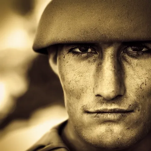 Image similar to soldier!!!!! portrait!!!!! pain, eyes, shoulders, sadness, soft focus, photography