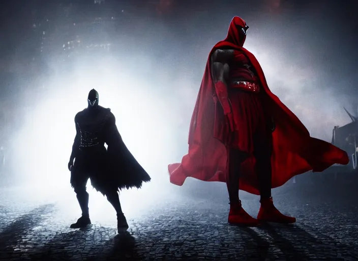 Image similar to film still of michael b jordan as spawn in the new spawn movie, giant chains, large cape, 8 k