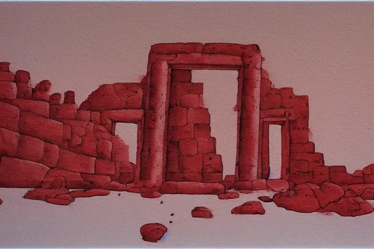 Image similar to ancient martian architecture, minimalistic red and ink airbrush painting on white background