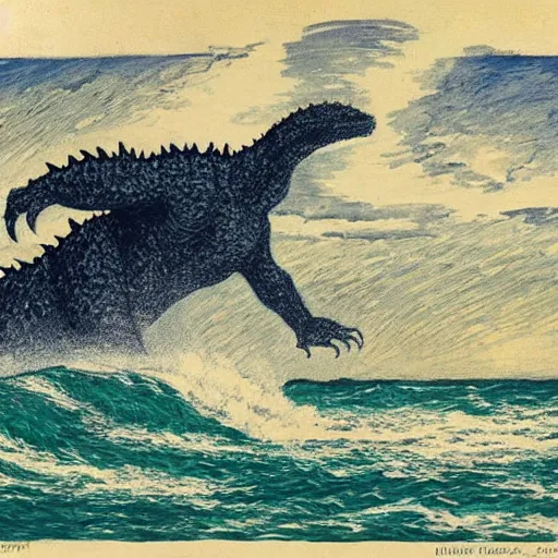 Prompt: a post-Impressionist illustration of Godzilla rising from the sea by Henri Rivière