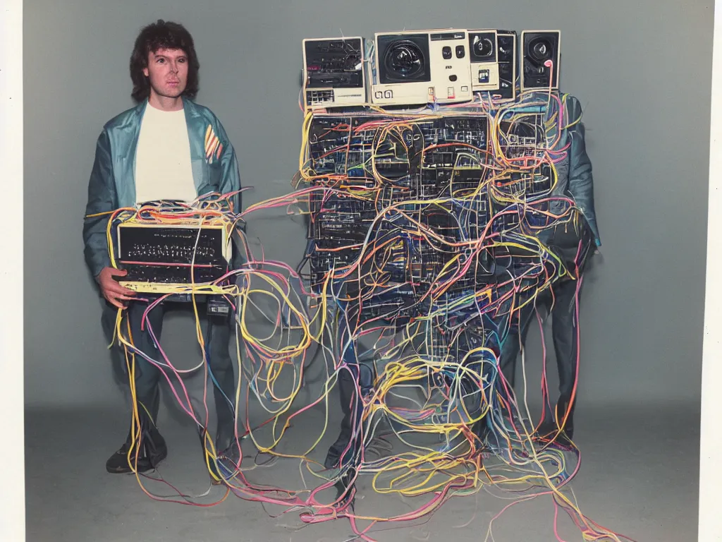 Image similar to 1980s polaroid colour flash photograph of a man made of 80s modular synthesizers