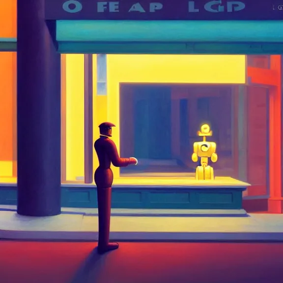 Prompt: beautiful illustration of a robot on light background by Edward Hopper, clean lines, very detailed, colorful octane render