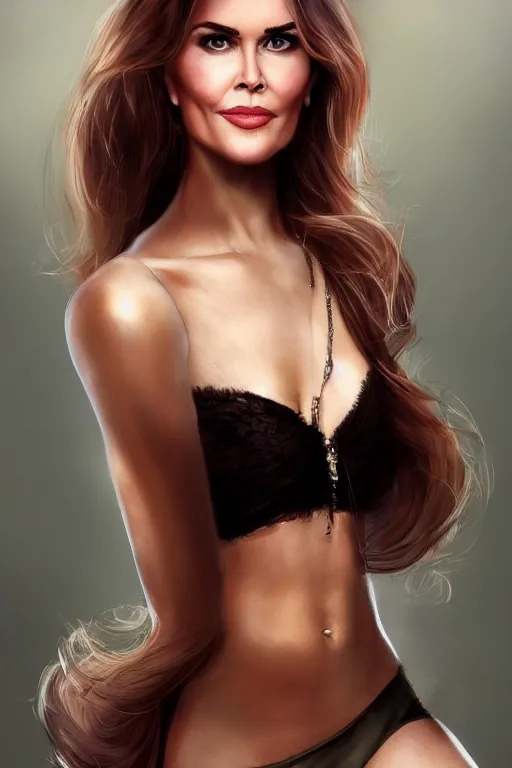 Image similar to mix of beautiful young maria shriver, mariel hemmingway, brooke shields, nicole kidman and elle macpherson as a boa constrictor, thin lips, hair tied up in a pony tail, dark blonde hair, colorful, artstation, cgsociety