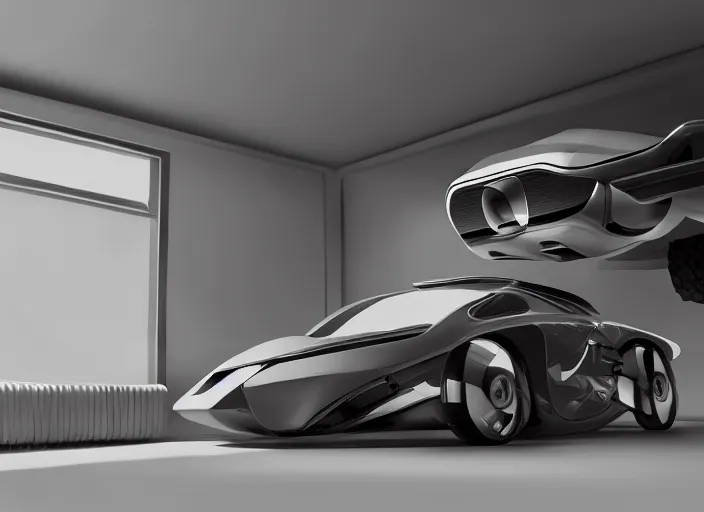 Image similar to an automobile in a studio, futuristic, art style by pablo carpio, car design by vergil exner, big engine and big wheels. full view, blank background.