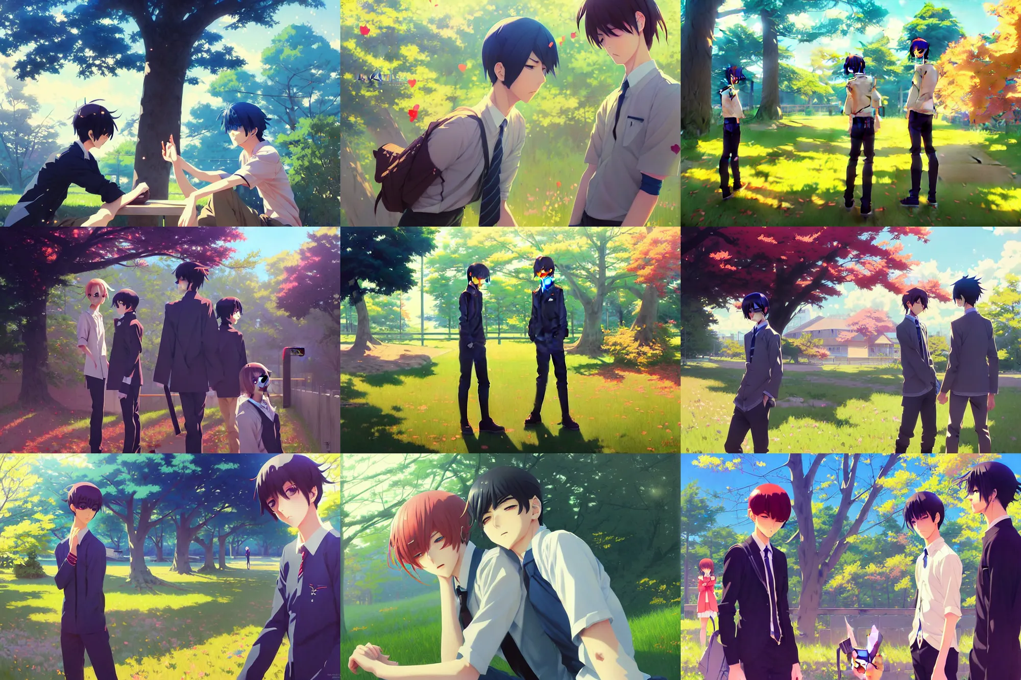 Prompt: boy's love anime high school spring scene noon setting, high detail concept art, perfect proportions fine face, tall handsome guys, avant uniform, vivid colors, romantic undertones, realistic shaded lighting poster fantasy art ilya kuvshinov, katsuhiro, jeremy lipking and michael germash, makoto shinkai, loish and clamp style, best selling artist