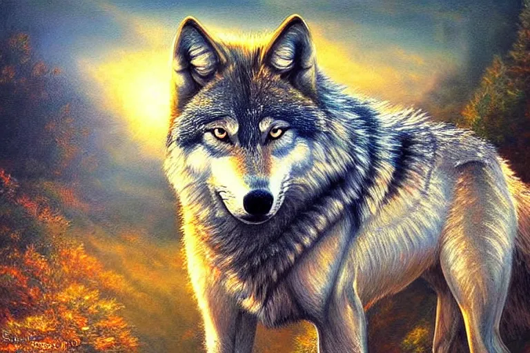 Prompt: wolf, fantasy, painting, ultra realistic!!!, clear weather, golden hour, sharp focus