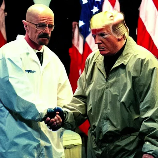 Prompt: walter white shaking hands with donald trump