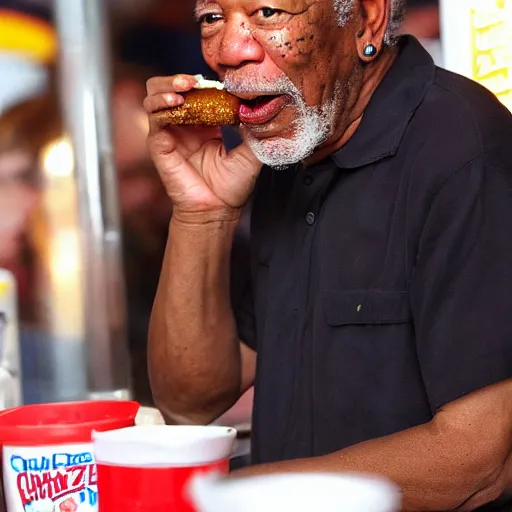 Prompt: morgan freeman sucking on a chili dog behind the tastee freeze