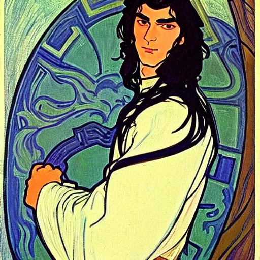 Image similar to painting of young handsome beautiful paladin elf! man with long wavy dark hair in his 2 0 s named shadow taehyung at the blueberry party, wearing armor!, elegant, clear, painting, stylized, delicate, soft facial features, art, art by alphonse mucha, vincent van gogh, egon schiele,