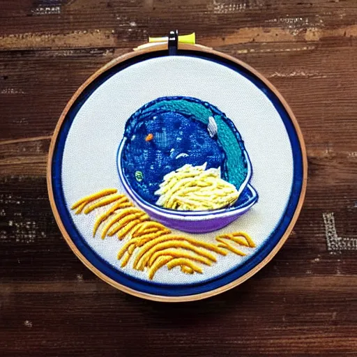Prompt: a bowl of kraft dinner in space, embroidery, highly detailed