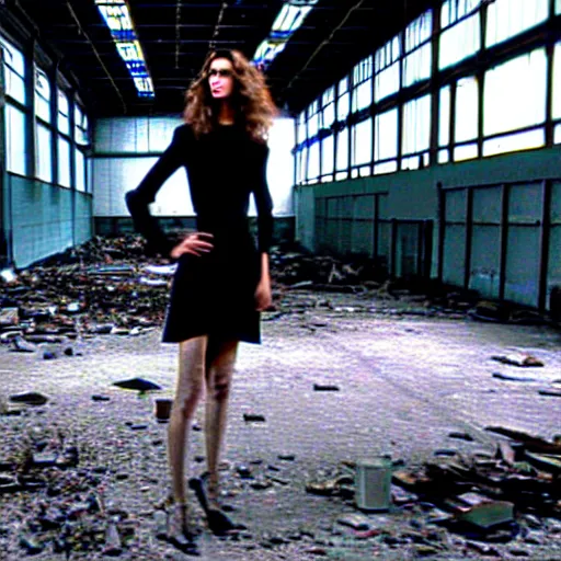 Image similar to runaway beautiful supermodel replicant standing in a dirty abandoned factory, still from closed circuit tv footage, high angle