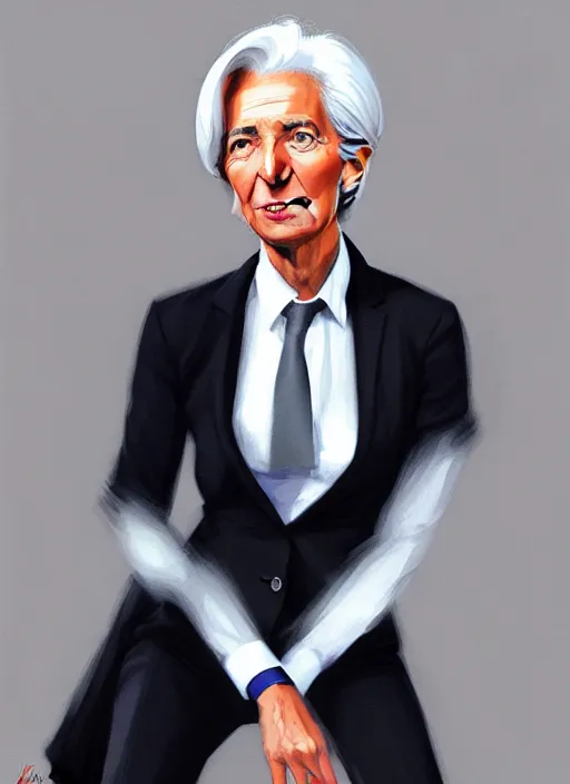 Prompt: a ultradetailed beautiful panting of christine lagarde wearing a stylish shirt with a tie, she has black hair, dancing, background explosion, by jesper ejsing, ilya kuvshinov, greg rutkowski on artstation