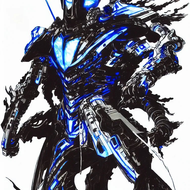 Prompt: a drawing of a lone cybernatic samurai, blue armor, fire and water, by yoji shinkawa and tsutomu nihei, detailed art, highly detailed, trending on artstation