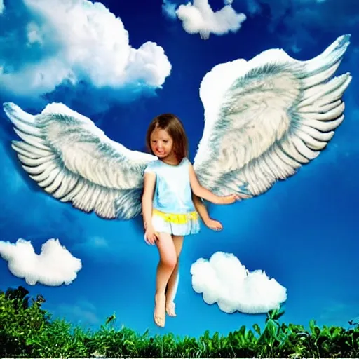 Image similar to bright blu sky. fluffy clouds. angels with big wings wake - up