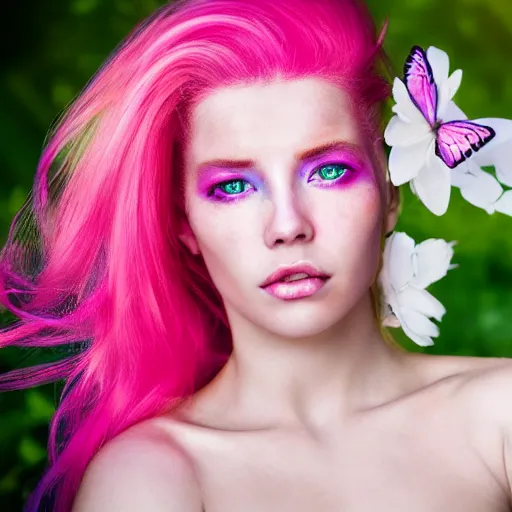 Prompt: an ultra detailed close up facial portrait of a cyborg with pink hair wearing greek white clothes, dynamic pose, sunlight scattering on glossy skin, glowing butterflies and flowers, vibrant colors