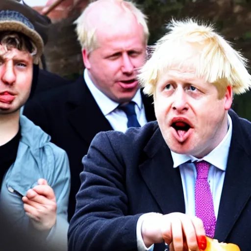 Image similar to boris johnson eating a hotdog mouth wide open, side profile