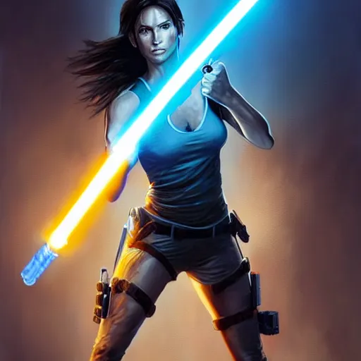 Image similar to Portrait Lara Croft wielding a blue Lightsaber, Tomb Raider, Alicia Vikander, beautiful, 4k oil on linen by wlop, artgerm, andrei riabovitchev, nuri iyem, james gurney, james jean, greg rutkowski, highly detailed, soft lighting 8k resolution