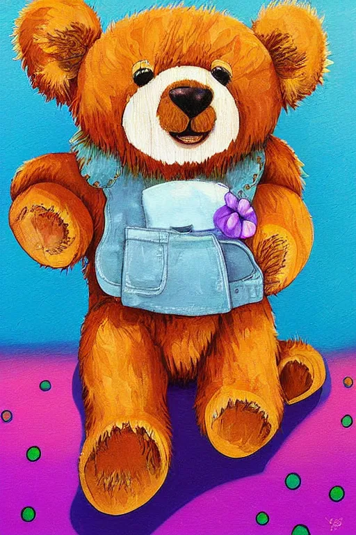 Prompt: a whimsical painting of a whimsical furry teddy bear sitting on a wooden chair painted by jeremiah ketner