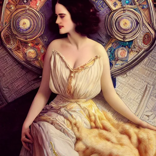 Prompt: a very detailed portrait painting of Eva Green, a very detailed french room, a very detailed dramatic sky, light particles, environment drawn byVesper Lynd, character design by Alphonse Mucha, 4k, volumetric lighting, komorebi, award winning, octane render, hyperrealistic