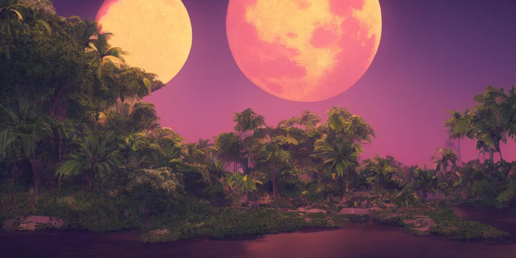 Image similar to beautiful landscape of a tropical moon, trending on art station, photoreal, 8k, octane render