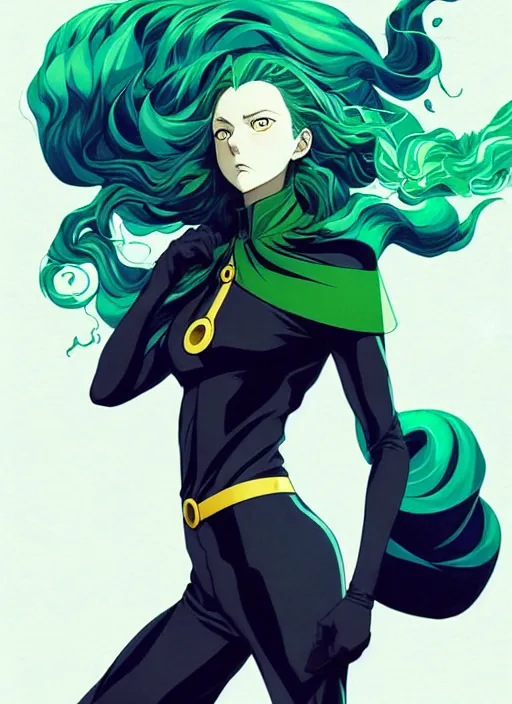 Image similar to style artgerm, joshua middleton, tatsumaki one punch man with green dress, very long blue hair, swirling water swirling, symmetrical face, symmetrical eyes, steampunk cyberpunk,, cinematic lighting