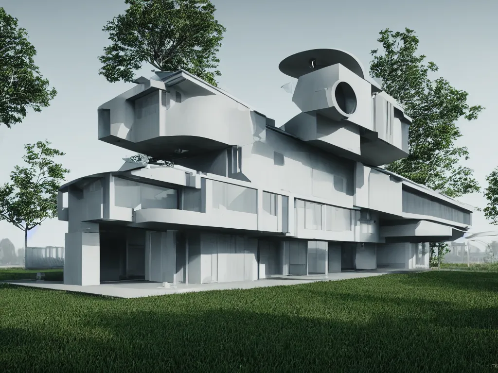 Image similar to futuristic bauhaus house concept, 3 d render, octane renderer, raytracing, 8 k resolution, rim light, hyperrealistic, photorealistic, high definition, highly detailed, tehnicolor, architecture photography, masterpiece