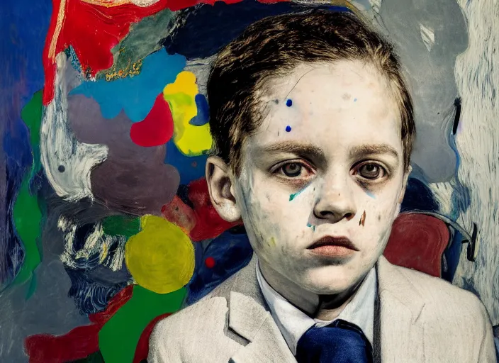 Image similar to portrait of a child wearing a suit, vincent lefevre and hernan bas and pat steir and hilma af klint, psychological, photorealistic, dripping paint, washy brush, rendered in octane, altermodern, masterpiece