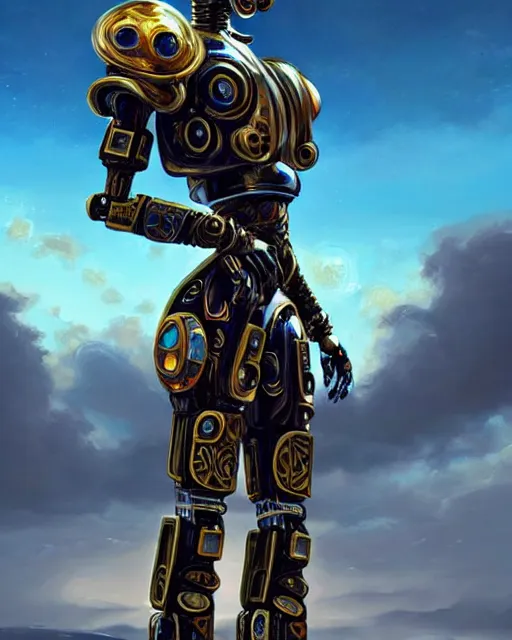 Prompt: a beautiful oil on canvas of a futuristic afrofuturisticb robot soldier, ornate, detailed, intricate, beautiful post - @ pocalyptic landscape in the background, epic sky, vray render, artstation, deviantart, pinterest, sci - fi, afrofuturism, 5 0 0 px models