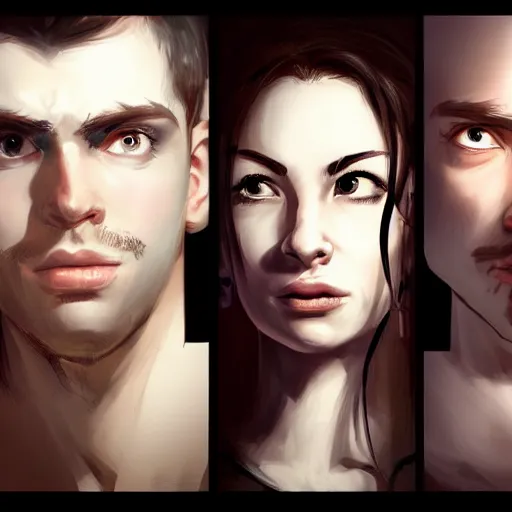 Image similar to realistic portrait of three male and one female characters look intensely at a terrified female author looking at some written notes, aesthetic!, trending on artstation, detailed digital art,