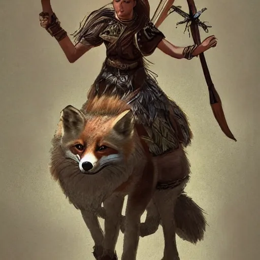 Prompt: a female child warrior holding a spear and riding a giant fox into war, digital art, concept