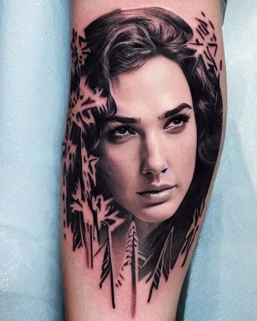 Image similar to creative double exposure effect tattoo design sketch of beautiful gal gadot faded with beautiful mountain scenery, realism tattoo, in the style of matteo pasqualin, amazing detail, sharp