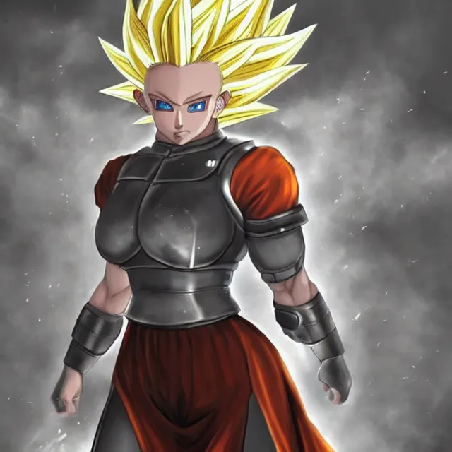 Image similar to a female super saiyan as a battle harden soldier / knight trending on artstation deviantart pinterest photorealistic hd 8 k highlights and shadow detailed high resolution