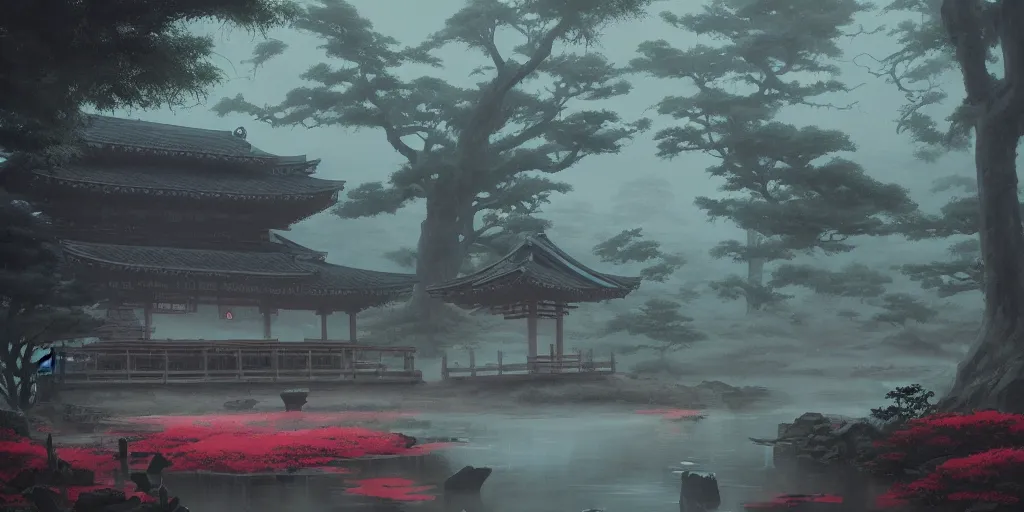 Image similar to foggy japanese shrine!!! a highly detailed cinematic oil painting by roger dean and alena aenami, dynamic lighting