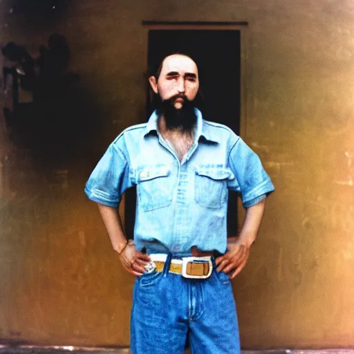 Image similar to fidel castro posing while wearing denim shorts, full body portrait, 3 5 mm film, by nan goldin