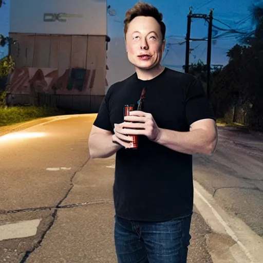 Image similar to Elon musk drinking out of a car battery in an alleyway at night