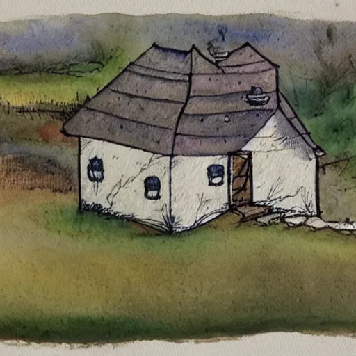 Image similar to a watercolor and ink painting of a cottage, drawn on white parchment paper, vibe, atmosphere, detailed, muted colors